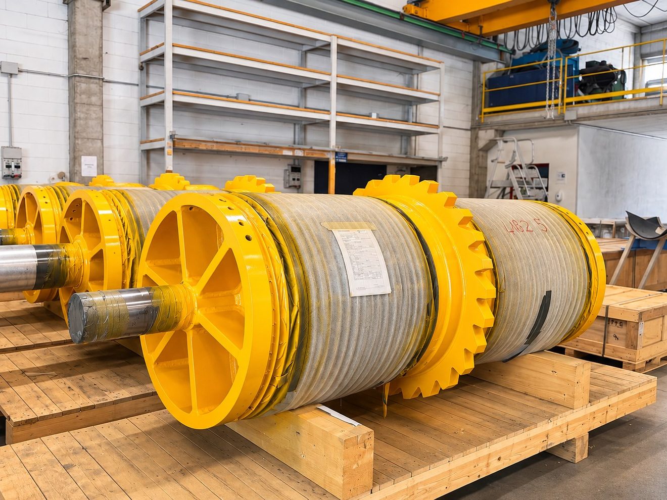 Rulli industriali verniciati in giallo con protezione anticorrosiva nel reparto COMMI